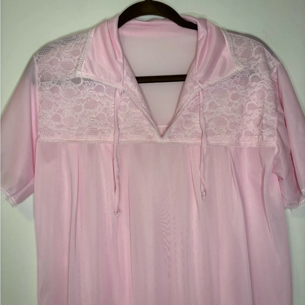 Vintage 60s 70s Pink Collared Lace Trim Nightgown Mini Shift Dress L - Picture 3 of 4